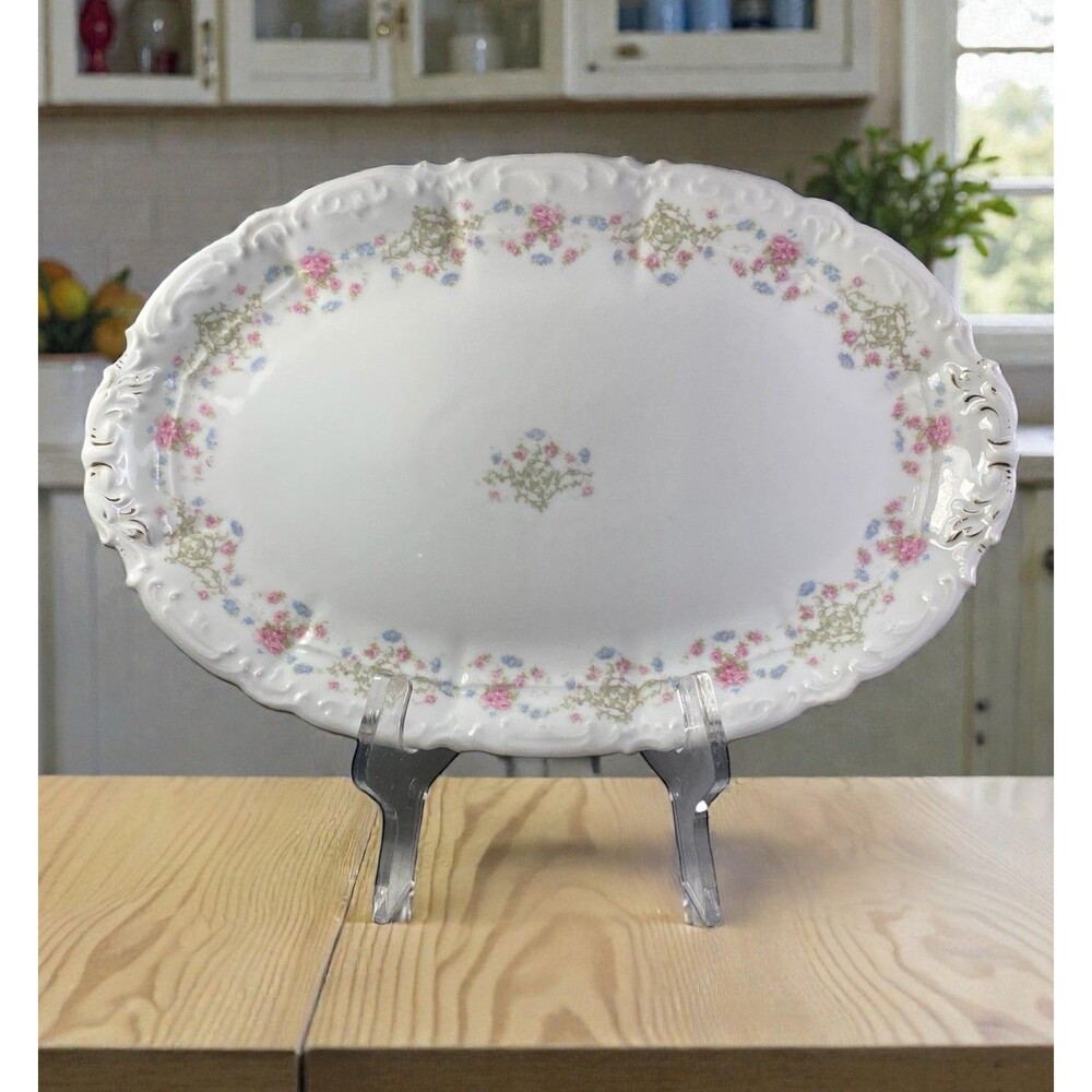 VTG Weimar Germany Porcelain Oval Serving Platter Tray 12.25” Floral Print Gold